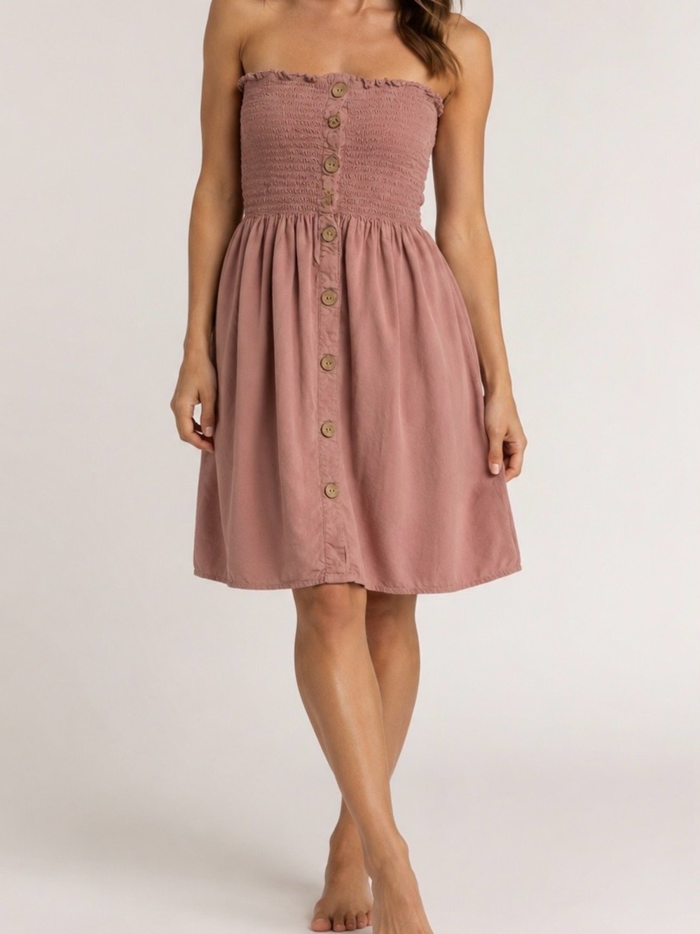 Ambiance Women’s S Dusty Rose Smocked Strapless Button Front Rayon Midi Dress